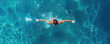 Swimmer man in water top view. Man swimming in pool aerial view.