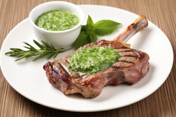 Wall Mural - lamb chop with grill marks and a smear of mint sauce