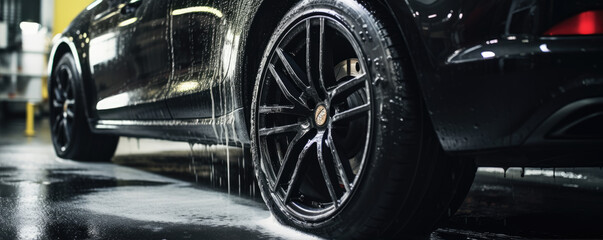 Black sport car wheel detail covered with shampoo ready to clean. Car Tire or alluminium wheel wash. copy space for text.