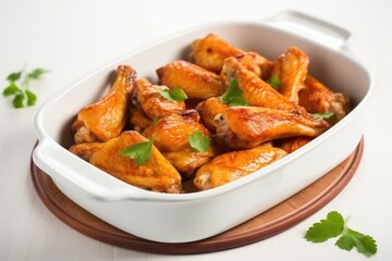 Poster - overhead shot of freshly marinated chicken wings in a white porcelain dish