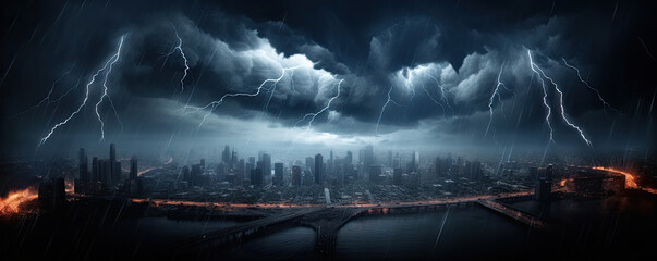 in the eye of storm. lightning storm over city in dakr blue light. thunderstorm flash
