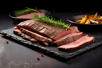 Sticker - beef brisket slices stacked on a dark stone tray, no garnish