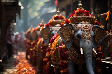 Traditional Indian wedding procession with colorful decorations, Generative AI