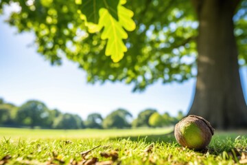 Poster - an acorn next to a fully grown oak tree in a sunny park