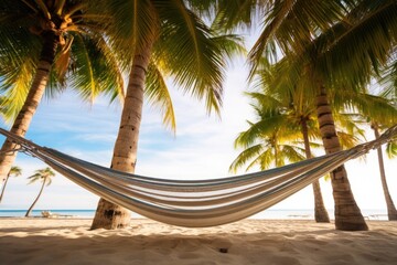 Sticker - a hammock strung between palm trees on a beach