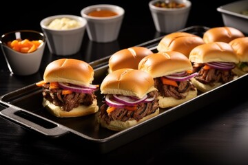 Poster - mini sliders with bbq brisket on a sleek black tray