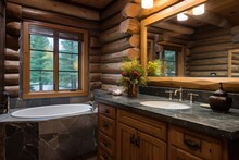 Log Cabin Bathroom Featuring Stone Sink