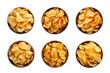 Collection of top-view crispy potato chips in a bowl isolated on a transparent background