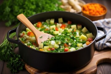 Sticker - adding chopped vegetables into a soup pot with a wooden spatula