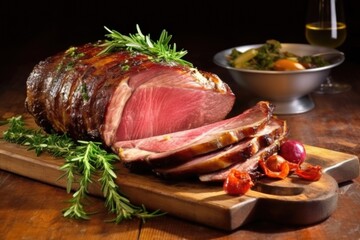 Poster - oak-smoked lamb shoulder steak on a rustic kitchen counter