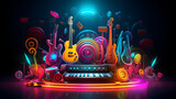 Fototapeta  - Colorful neon background with musical instruments