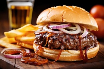 Canvas Print - classic beef burger with bbq sauce and chopped onions