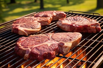 Wall Mural - t-bone steaks on a spinning outdoor grill