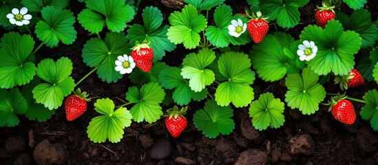 Sticker - Fresh green bush with strawberry blossoms on fertile garden soil in spring