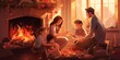 Family gathered around a fireplace cozy illustration
