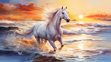 Phantasmal Iridesant Enchanting White Horse Galloping On A Pristine Beach During A Vibrant Sunset, Waves Crashing, Golden Sand, A Feeling Of Freedom And Tranquility, Artwork, Watercolor Painting