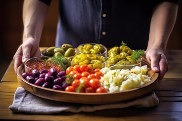 Wall Mural - hand serving a platter filled with pickled vegetalbles
