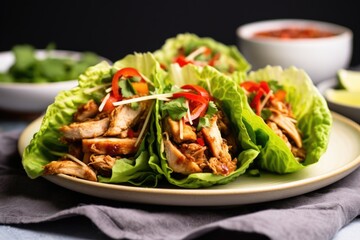 Poster - side-view of multilayered turkey lettuce wraps on a plate