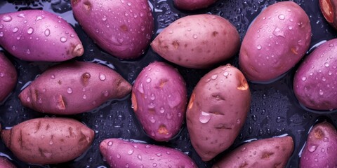 Closeup of sweet potato with waterdrops, top view ,Veggies collection set consept.