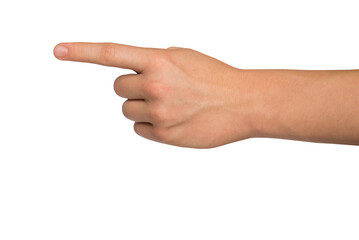 Wall Mural - Male hand with index finger pointing to something. PNG isolated on transparent background