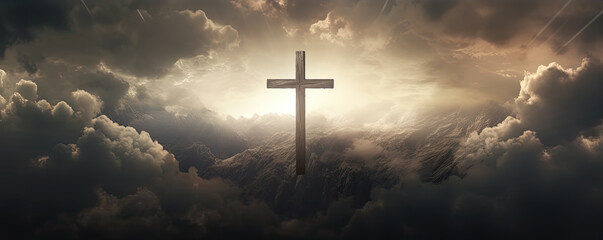 Wall Mural - cross in clouds symbol of the death and resurrection , copy space for text.