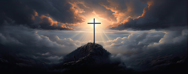 Wall Mural - cross in clouds symbol of the death and resurrection , copy space for text.