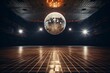 Empty disco hall with disco ball and lights, background stage ramp
