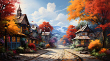 Step Into A Quaint Countryside Scene Where Charming Cottages Sit Among Picturesque Autumn Trees, Painting An Epic And Highly Detailed Backdrop Of Seasonal Bliss.