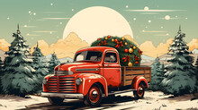 Illustration Of Red Christmas Truck And Christmas Tree	