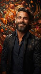 Wall Mural - Portrait of young handsome hipster man with beard smiling laughing looking at camera over background. Model portrait illustration. Generative AI
