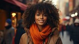 Fototapeta Uliczki - Close up portrait of beautiful young black woman smiling outdoors. Smile emotion illustration. Generative AI