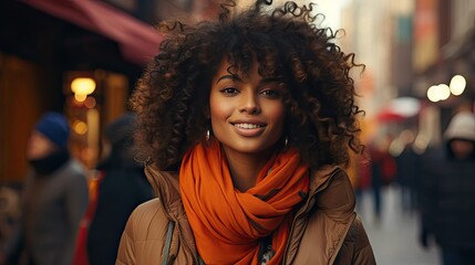 Wall Mural - Close up portrait of beautiful young black woman smiling outdoors. Smile emotion illustration. Generative AI