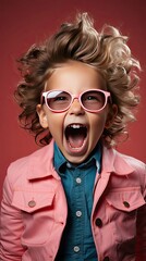 Wall Mural - Portrait of little kid boy over pink background showing tongue. Funny little power super hero kid showing muscles. People portrait illustration. Generative AI