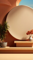 Wall Mural - Top view of beige light bokeh shadow on sand color background. Flat lay with shadow on the wall. Minimal summer concept. Creative copyspace for overlay on product presentation. Generative AI art