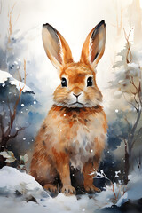 Wall Mural - Watercolor illustration of cute rabbit on winter background 
