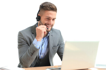 Smiling friendly handsome young male call centre operator on a transparent background