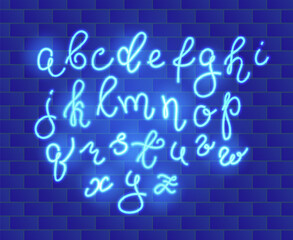 Poster - Glowing Neon Script Alphabet Illuminated Concept. Vector illustration of Blue Neon Font with Lowercase Letters Typeface.