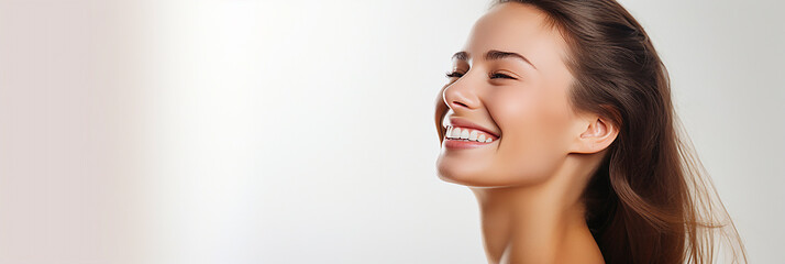 Portrait of a woman with beautiful skin, with white copy space