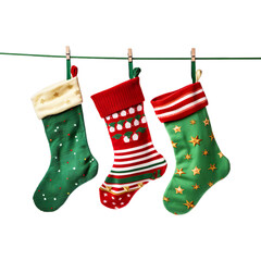 Wall Mural - Colourful xmas kids socks gifts inside. red green dark green for hanging on tree, Wall isolated on transparent background.