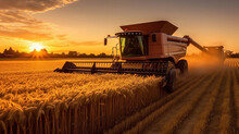 A Big Combine Harvester Harvesting Wheat From A Farmer's Fields.
