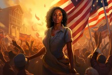 Beautiful Black Woman Portrait With American Flag For Juneteenth National Independence Day Illustration. End Of Slavery In United States. 