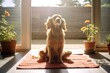 golden retriever practicing yoga on the mat at home in cozy terrace  interior