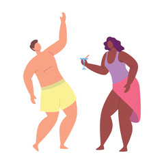 Canvas Print - Cartoon Color Characters Couple Dancing Beach Party Concept Flat Design Style. Vector illustration of Man and Woman Relaxing