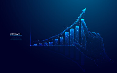 Leinwandbilder - Abstract growth graph chart. Digital hand pointing arrow up and histogram bar. Column chart. Success business and career growth concept. Low poly wireframe vector illustration in futuristic blue style