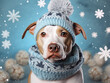 © OleksandrZastrozhnov - Portrait of a pitbull dog with a knitted hat and scarf on a snowy winter background.