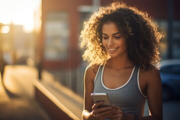 Wall Mural - Hispanic woman using phone before morning jog