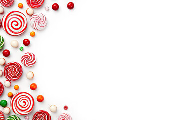 Wall Mural - Swirled round lollipops and dragee candies on a white background. Free space for product placement or advertising text.