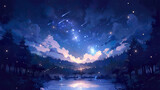Fototapeta Natura - a beautiful magical landscape illustration of a night full of stars at a lake, anime manga artwork