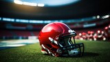 Fototapeta Sport - Red American football helmet with a background of an American football stadium.