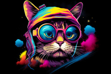 Wall Mural - Cat wearing hat and goggles with sky background.